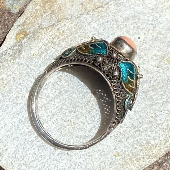 Vintage Sterling Silver Chinese Export Coral Cloisonné Ring 9 - Picture 6 of 10